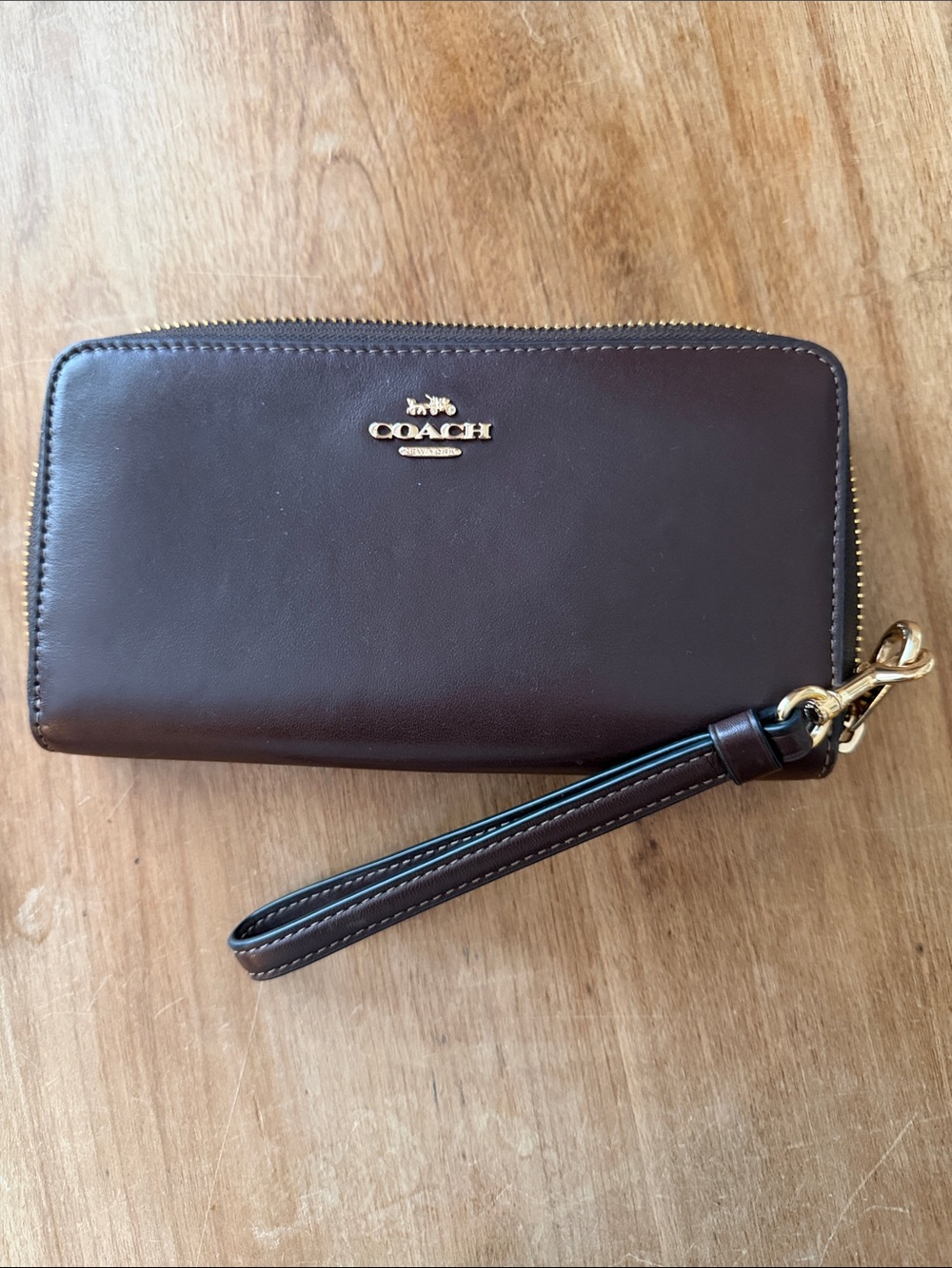 Coach Dark Brown Leather Zip-Around Wristlet with Gold Hardware